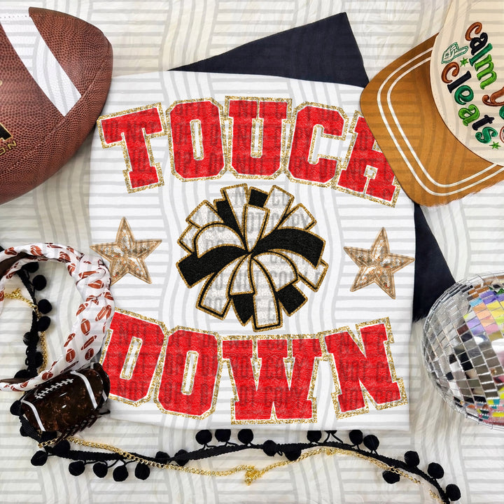 Red Touchdown Faux Chenille Cheer DTF transfer