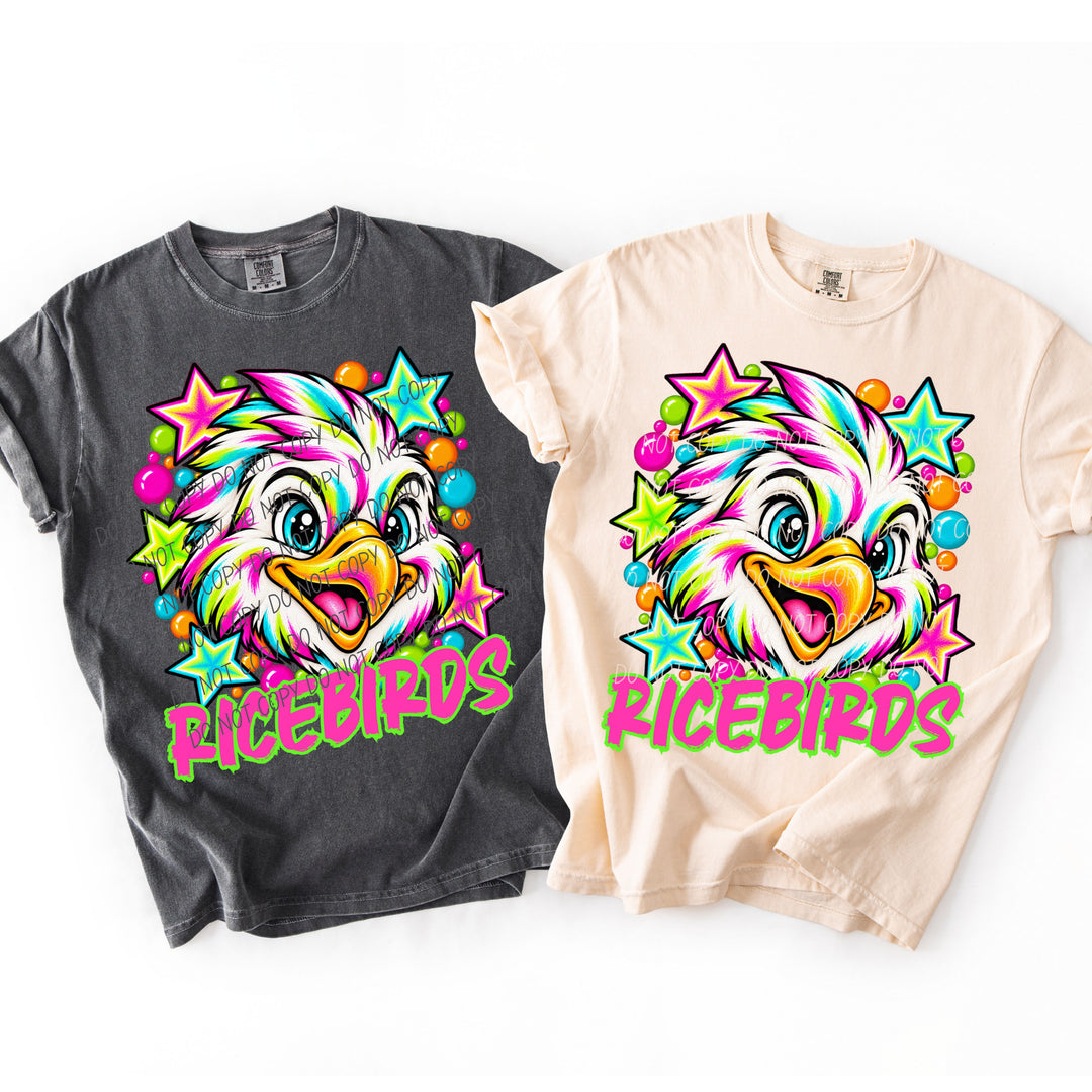 Ricebirds Neon Starstruck mascot DTF transfer