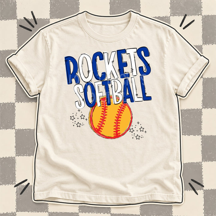 Rockets Royal Blue White Team Go Softball Mascots DTF transfer mockup