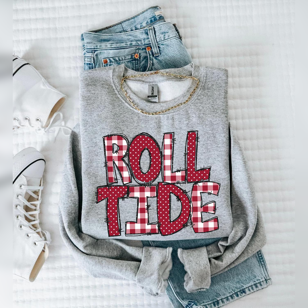 Roll Tide Doodle Gingham Dots & Glitter Crimson White – DTF Transfer