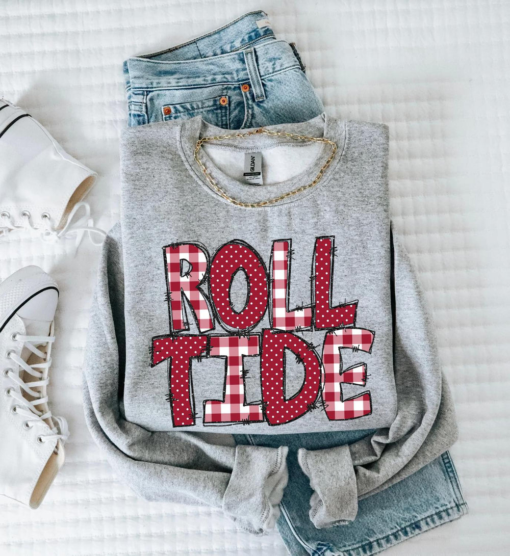 Roll Tide Doodle Gingham Dots & Glitter Crimson White DTF transfer design – image 1