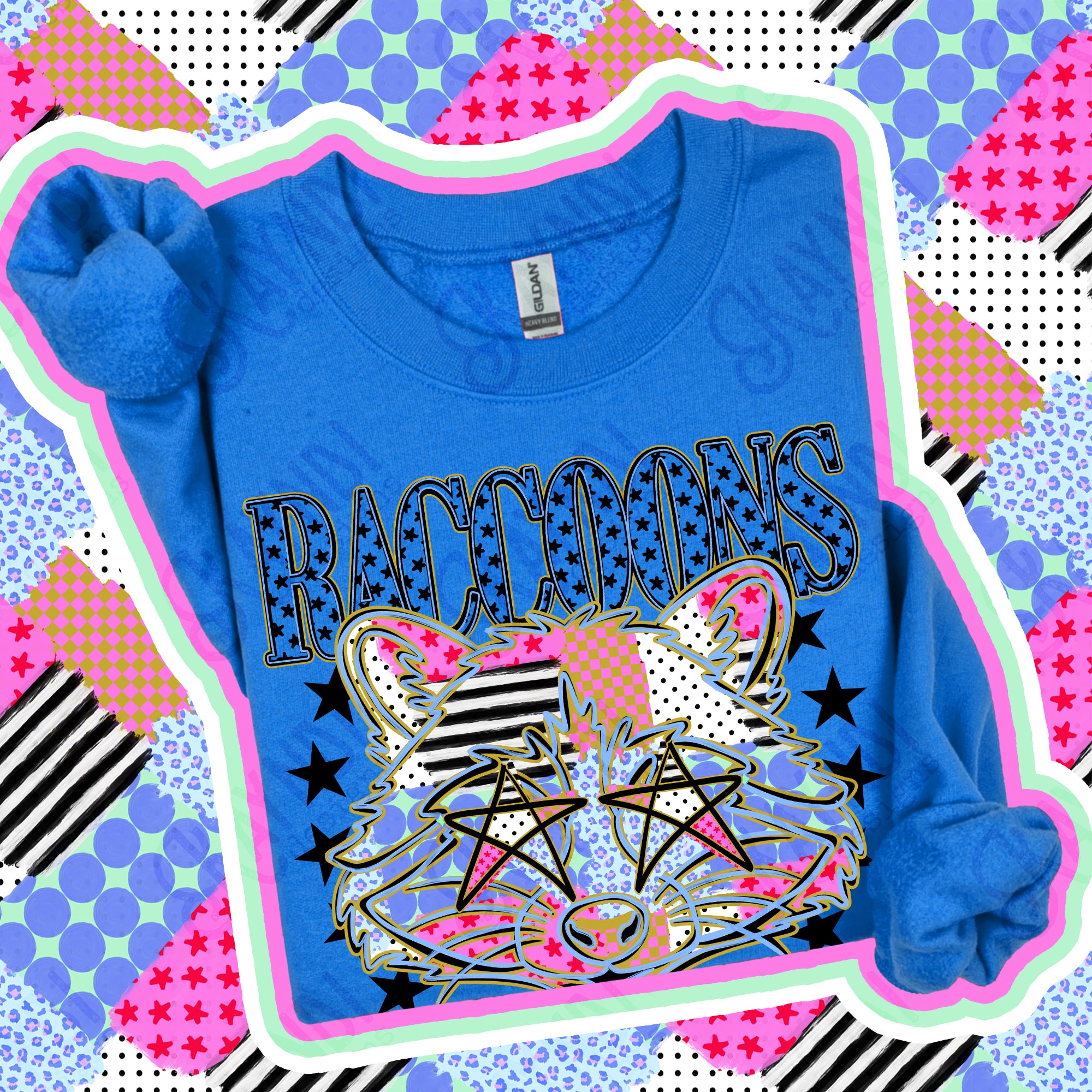 Patchwork Varsity Stars Mascots Raccoons design