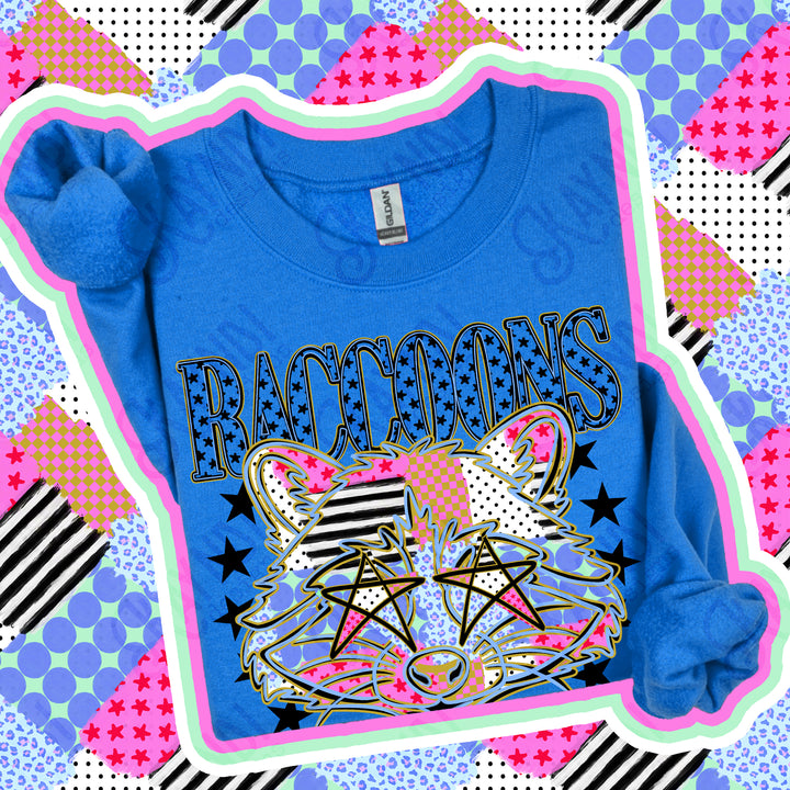 Raccoons Patchwork Varsity Stars mascot DTF transfer