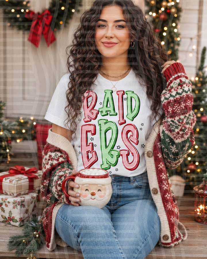 Raiders Red and Green Christmas Seersucker Mascots DTF transfer
