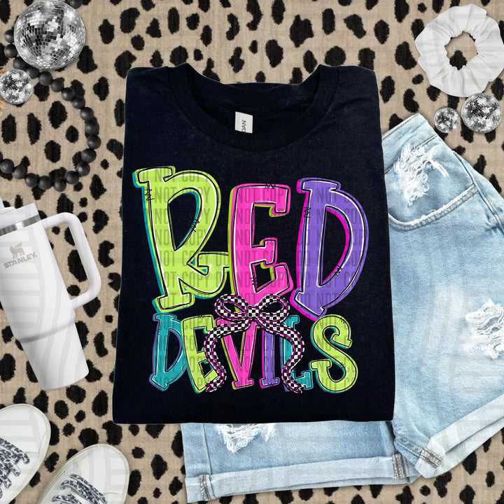 Red Devils Checker Neons Stacked mascot DTF transfer