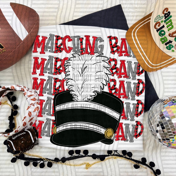 Red Penta Stacked Marching Band DTF transfer on a white tee