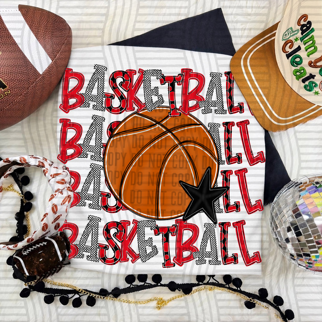 Red Quad Stacked Basketball DTF transfer on a white tee
