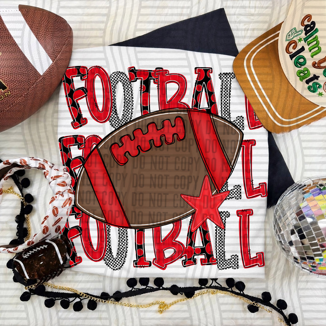 Red Tri Stacked Football DTF transfer on a white tee