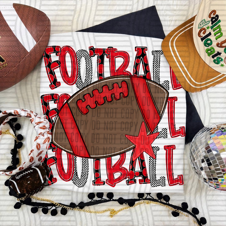 Red Tri Stacked Football DTF transfer on a white tee