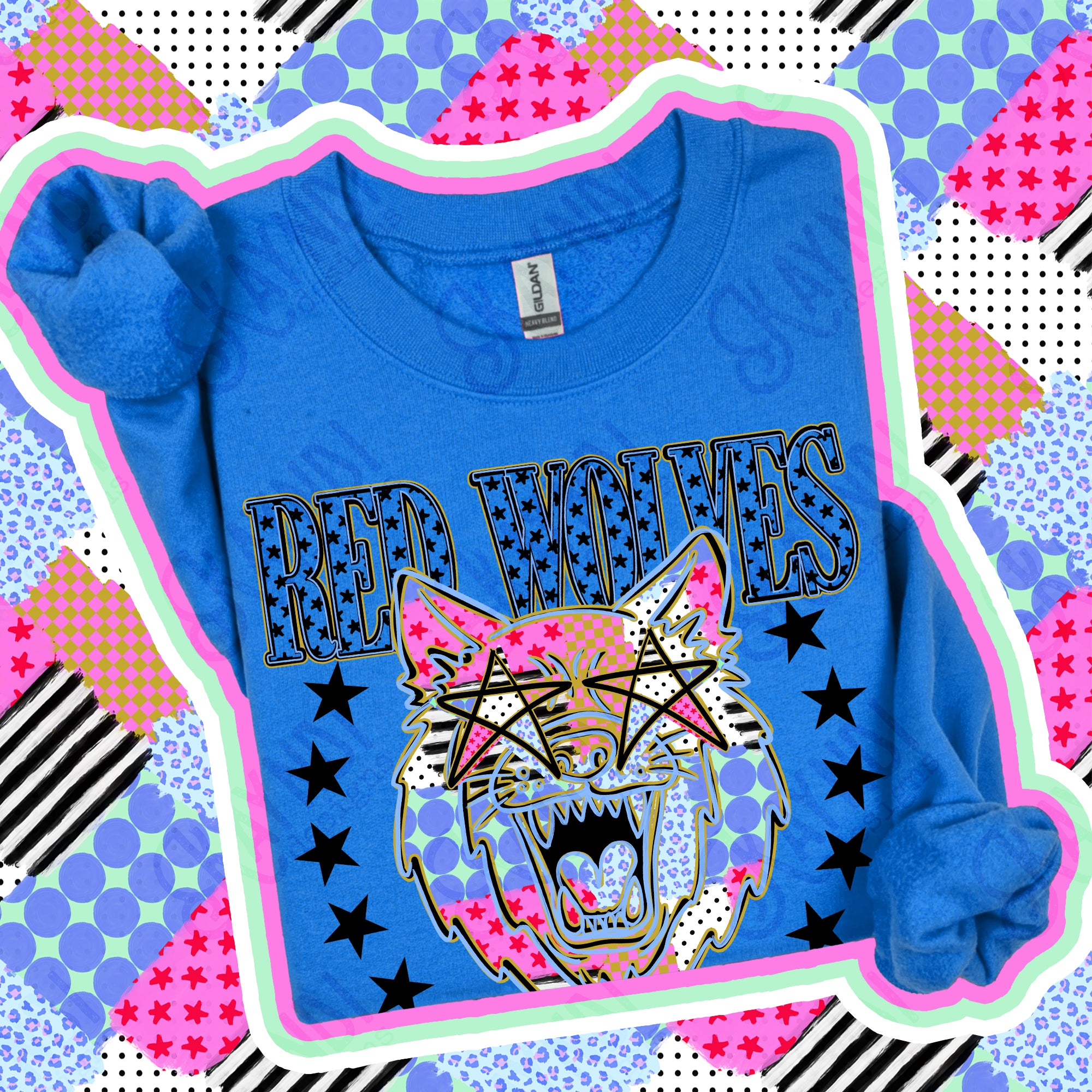 Patchwork Varsity Stars Mascots Red Wolves design