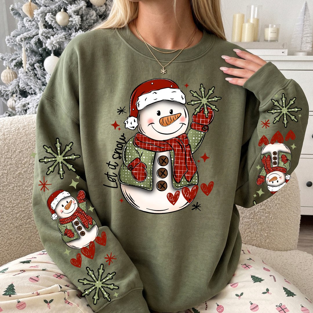 Let It Snow Red & Green Snowman front and sleeve DTF transfers – mockup