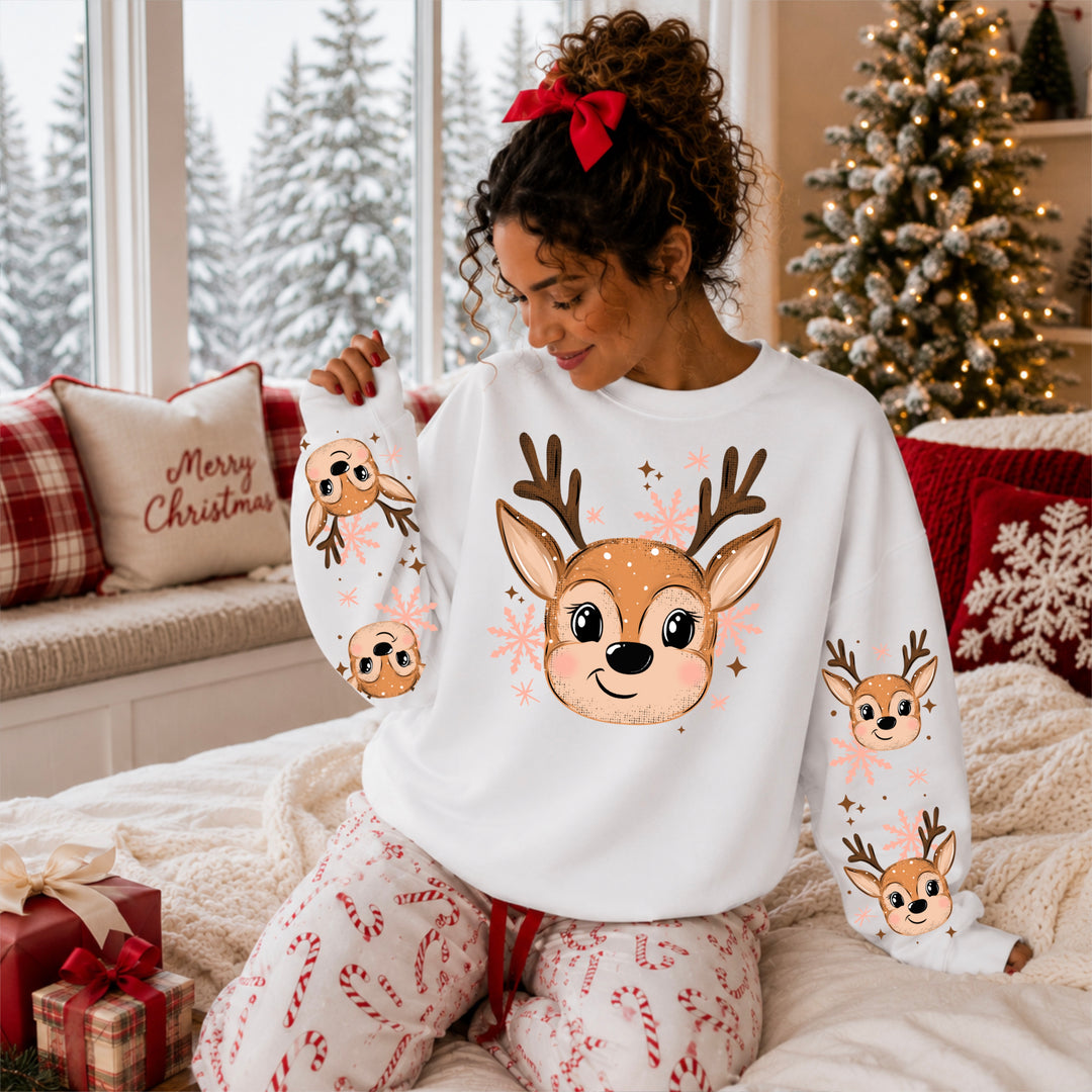 Reindeer Snowflakes front and sleeve DTF transfers – mockup