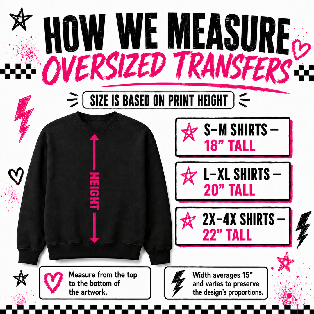 Rockin Delulu oversized DTF transfer height guide showing average 15 inch width