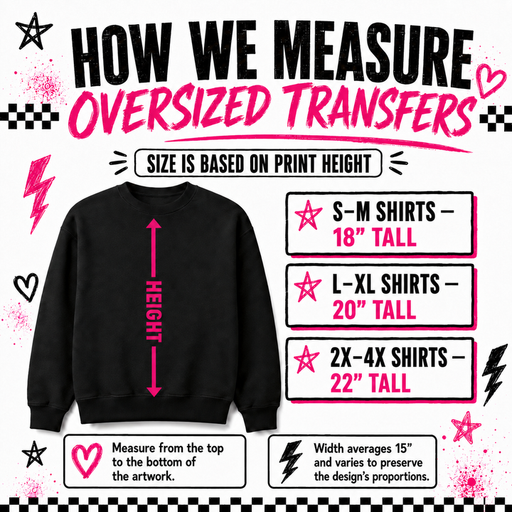 Rockin Delulu oversized DTF transfer height guide showing average 15 inch width