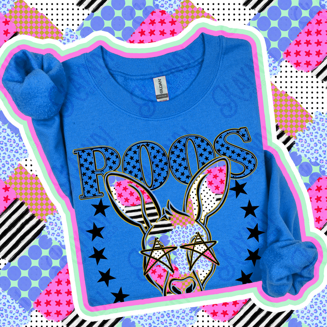 Roos Patchwork Varsity Stars mascot DTF transfer
