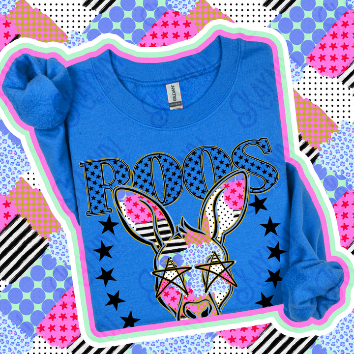 Roos Patchwork Varsity Stars mascot DTF transfer
