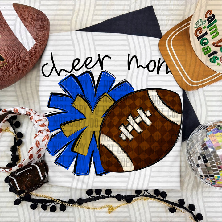 Cheer Mom DTF transfer in Royal & Gold