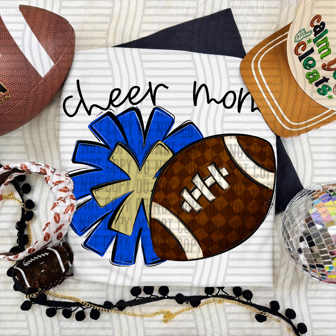 Cheer Mom DTF transfer in Royal & Light Gold