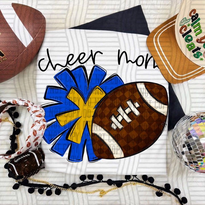 Cheer Mom DTF transfer in Royal & Mustard