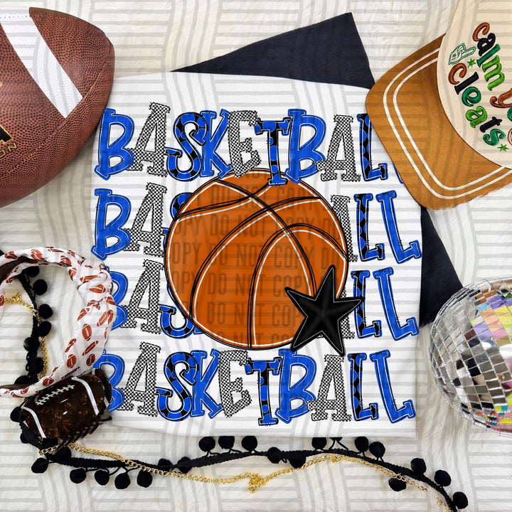 Royal Quad Stacked Basketball DTF transfer on a white tee