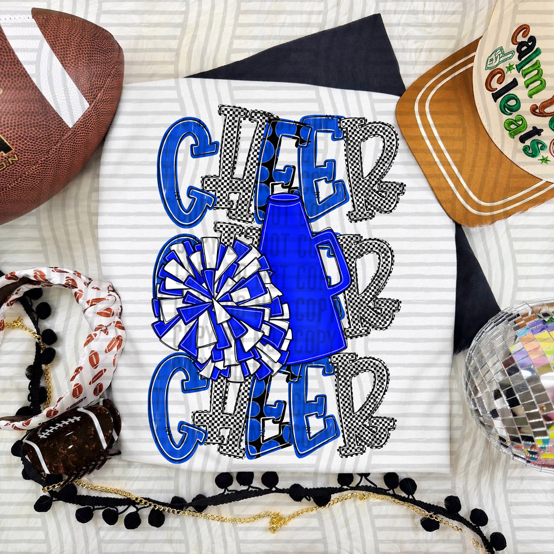 Royal Tri Stacked Cheer DTF transfer on a white tee
