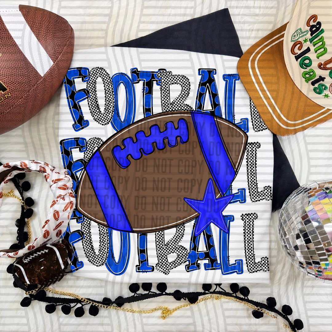 Royal Tri Stacked Football DTF transfer on a white tee