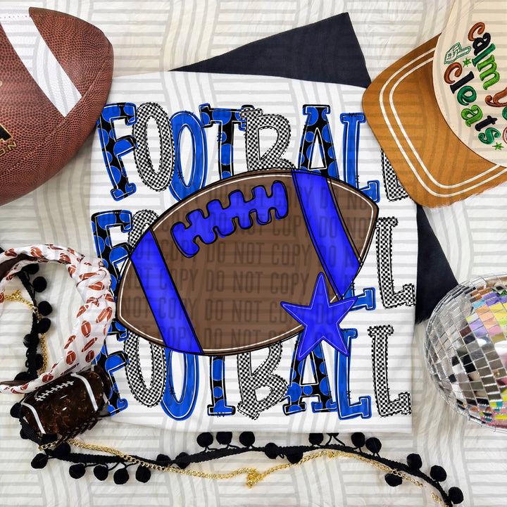 Royal Tri Stacked Football DTF transfer on a white tee