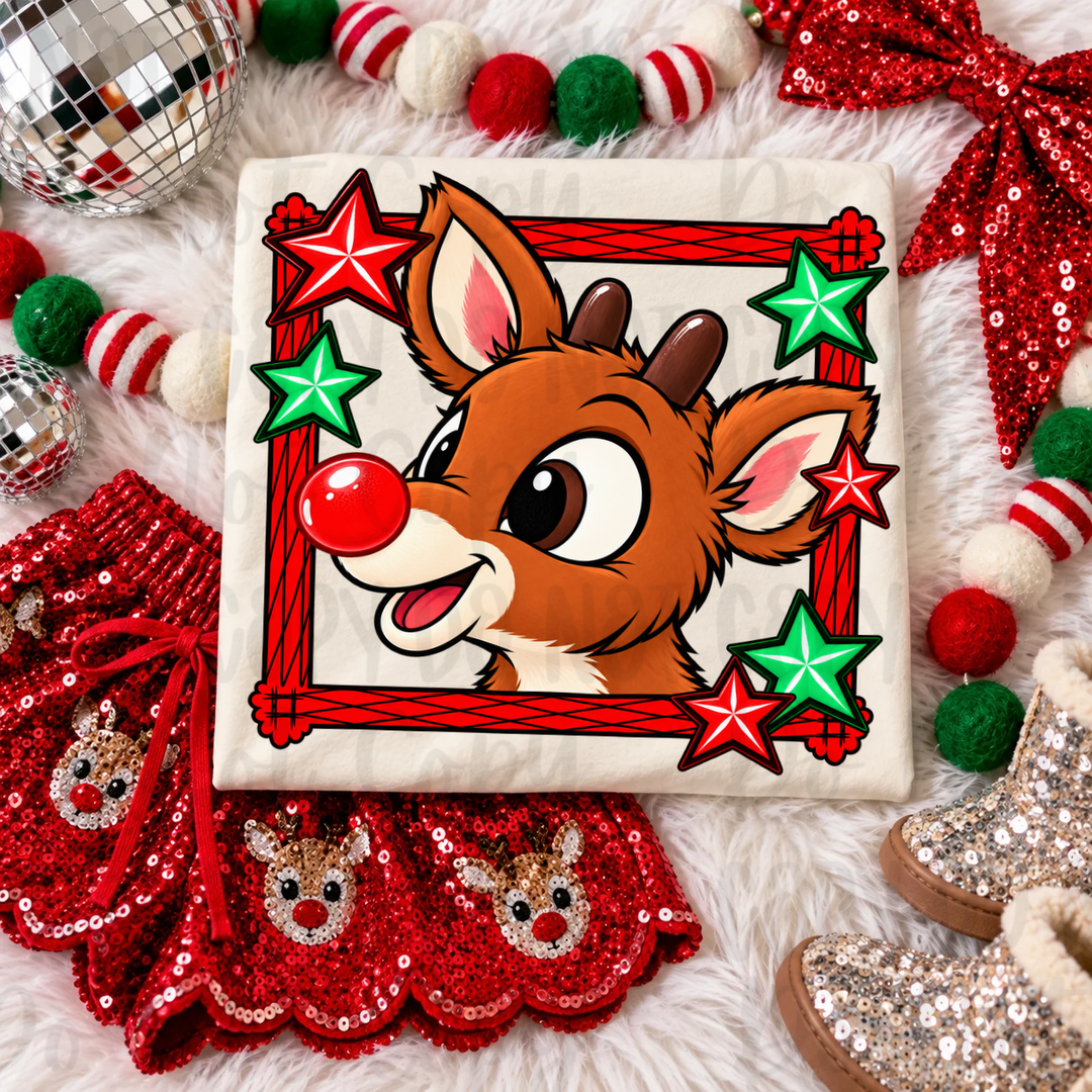 Rudolph Star Frame DTF transfer on a white tee – mockup