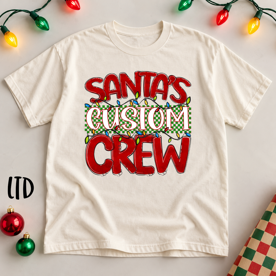 Santa's Crew Mascot customizable DTF transfer mockup on an ivory tee