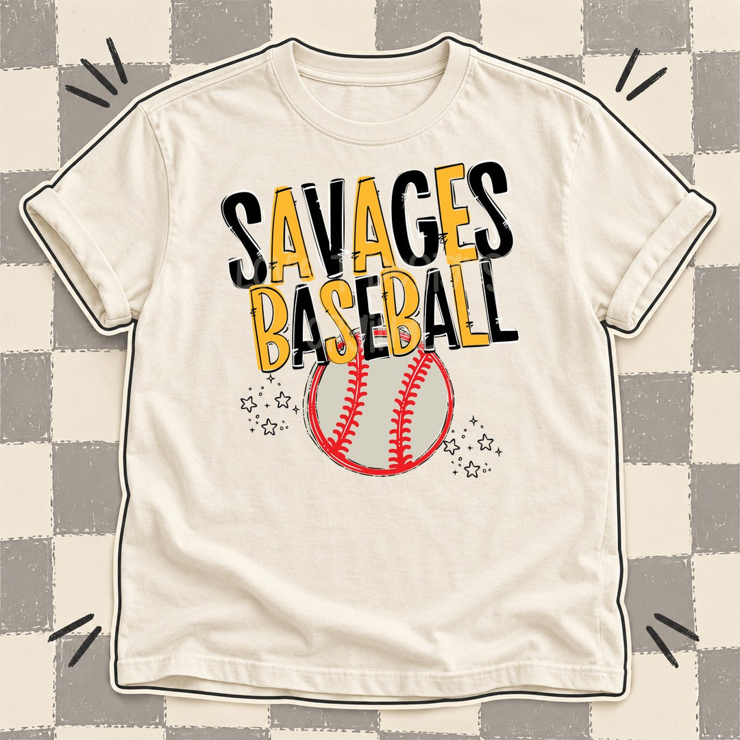 Savages Black Yellow Gold Team Go Baseball Mascots DTF transfer mockup