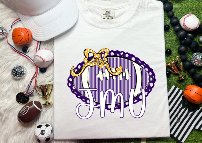 SEERSUCKER FOOTBALL PURPLE YELLOW DOT BOW JMU