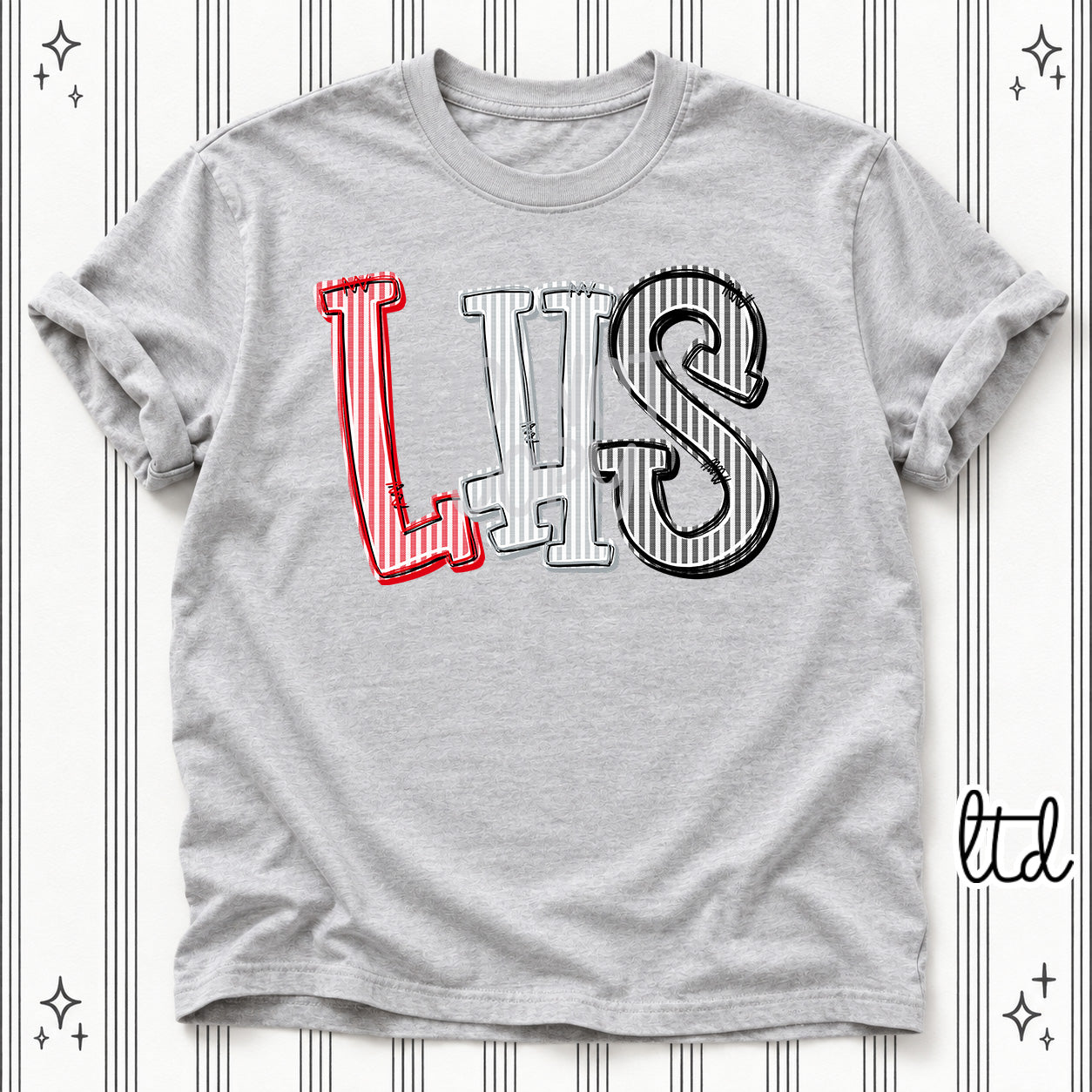 Seersucker Stack Initials LHS Red Grey Black design