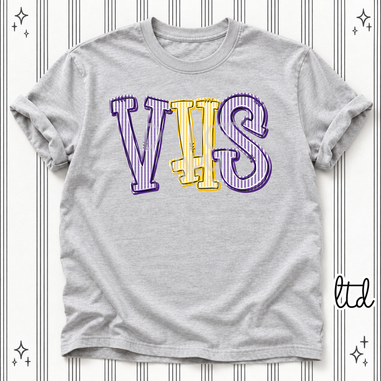 Seersucker Stack Initials VHS Purple Yellow Gold design