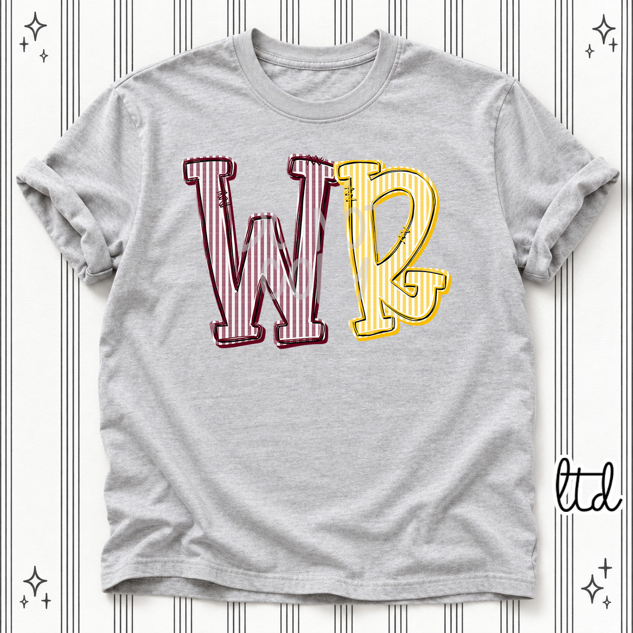 Seersucker Stack Initials WR Maroon Yellow Gold design