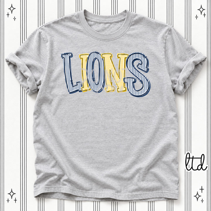 Lions Navy Yellow Gold Seersucker Stack Mascots DTF transfer
