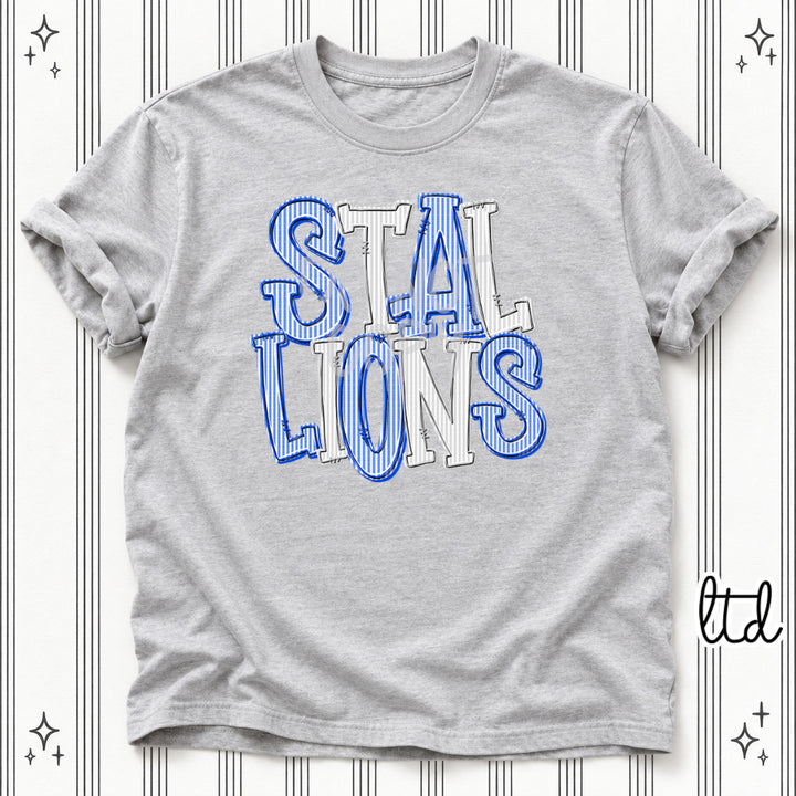 Stallions Royal Blue Silver Seersucker Stack Mascots DTF transfer