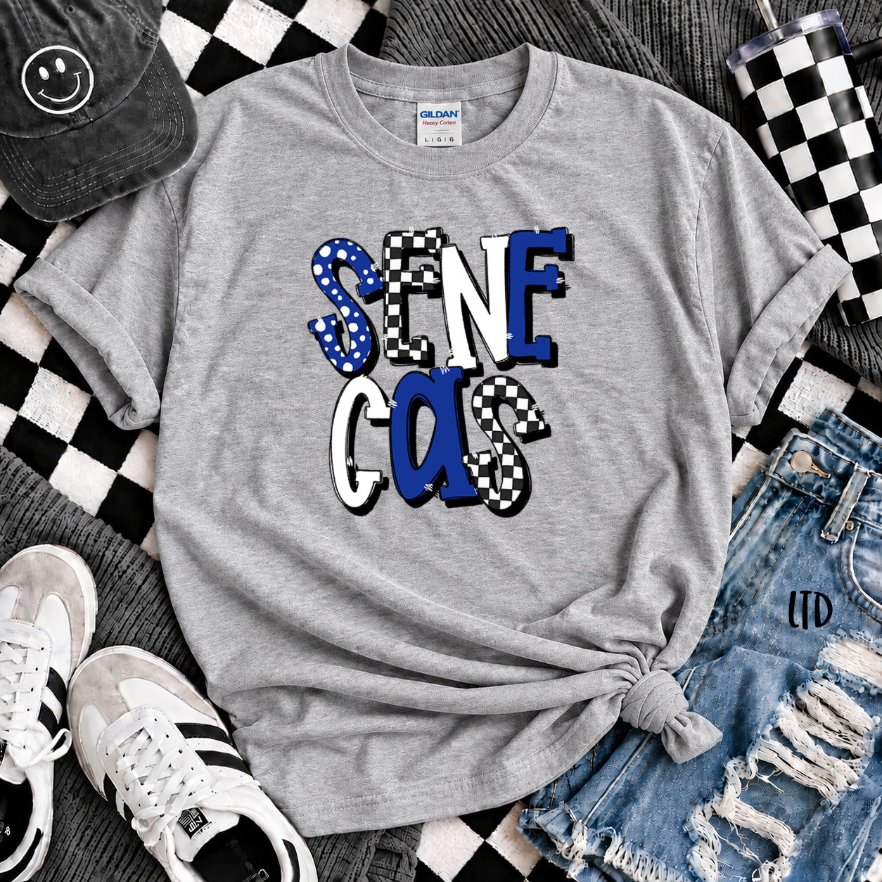 Dot Dot Check Mix Mascots Senecas Royal Blue White design
