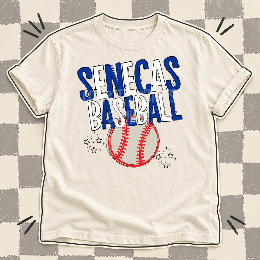 Senecas Royal Blue White Team Go Baseball Mascots DTF transfer mockup