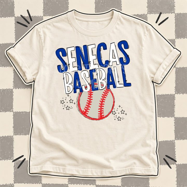 Senecas Royal Blue White Team Go Baseball Mascots DTF transfer mockup