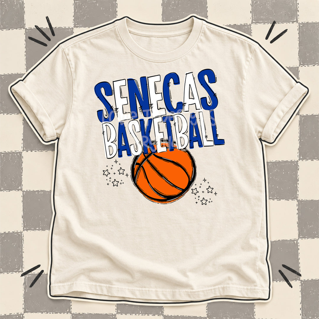 Senecas Royal Blue White Team Go Basketball Mascots DTF transfer