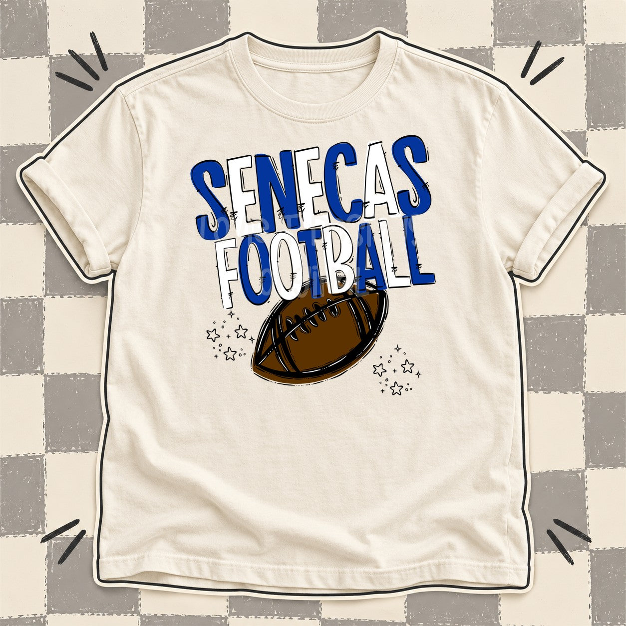 Team Go Football Mascots Senecas Royal Blue White design