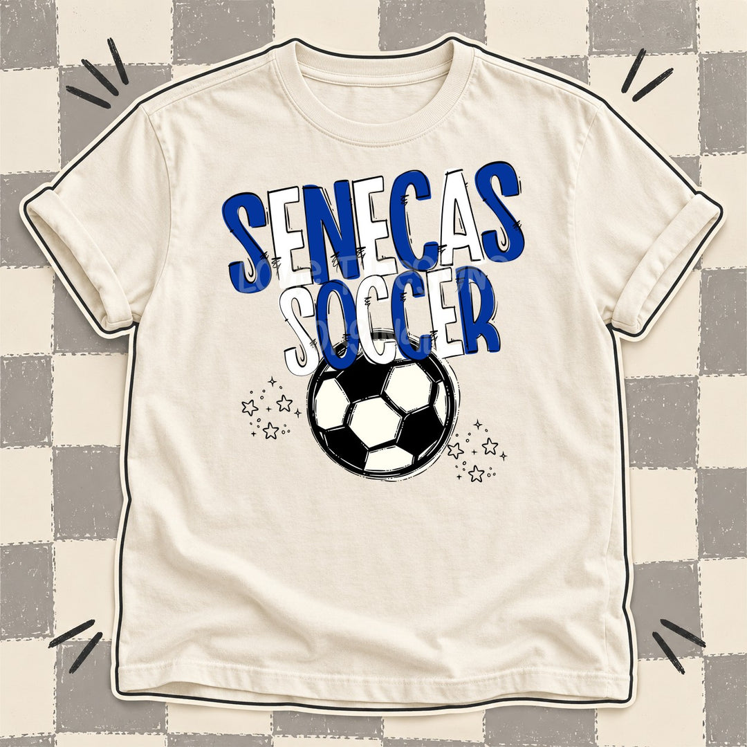 Senecas Royal Blue White Team Go Soccer Mascots DTF transfer mockup