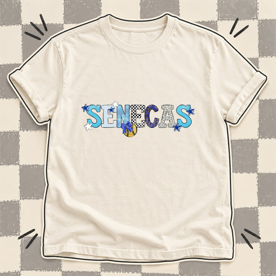 Senecas Royal Blue White Mixed Doodle Softball Mascots – Mascot Colors DTF transfer mockup