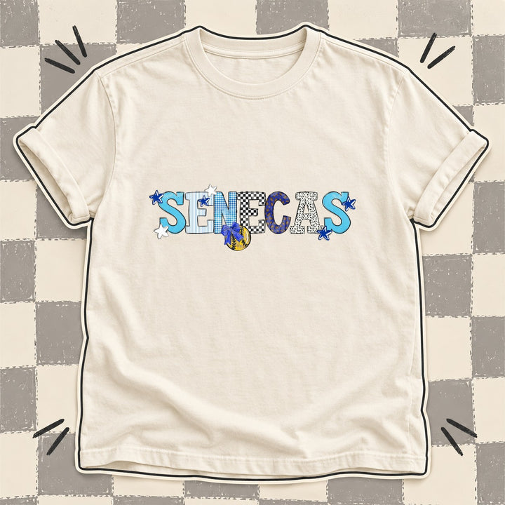 Senecas Royal Blue White Mixed Doodle Softball Mascots – Mascot Colors DTF transfer mockup