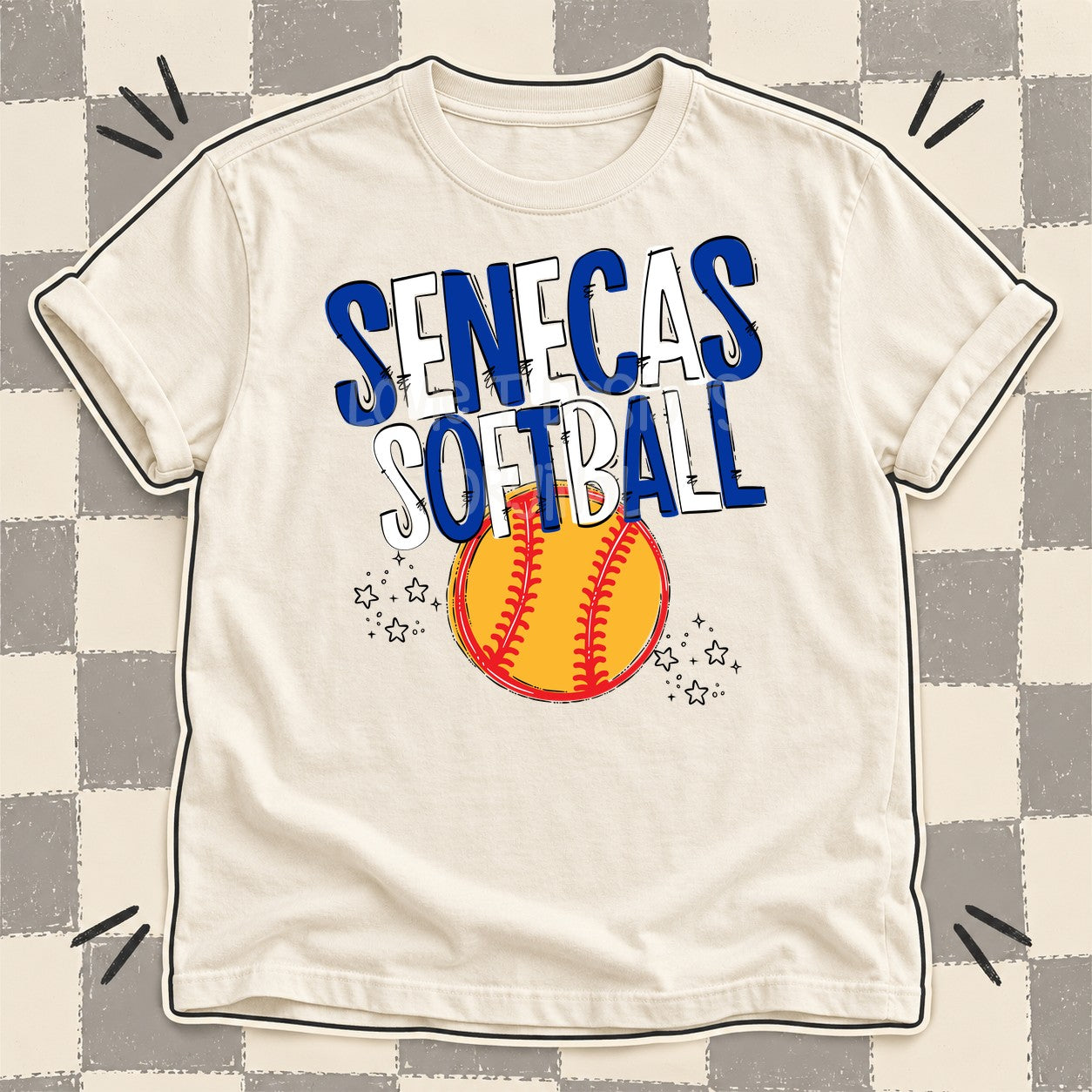 Team Go Softball Mascots Senecas Royal Blue White design