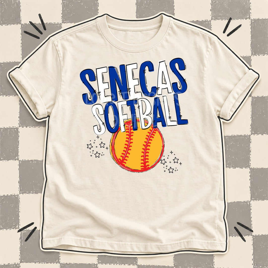 Senecas Royal Blue White Team Go Softball Mascots DTF transfer mockup