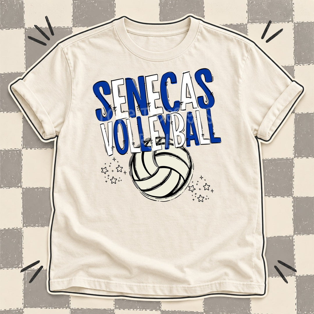 Senecas Royal Blue White Team Go Volleyball Mascots DTF transfer mockup