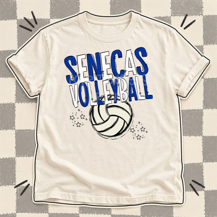 Senecas Royal Blue White Team Go Volleyball Mascots DTF transfer mockup