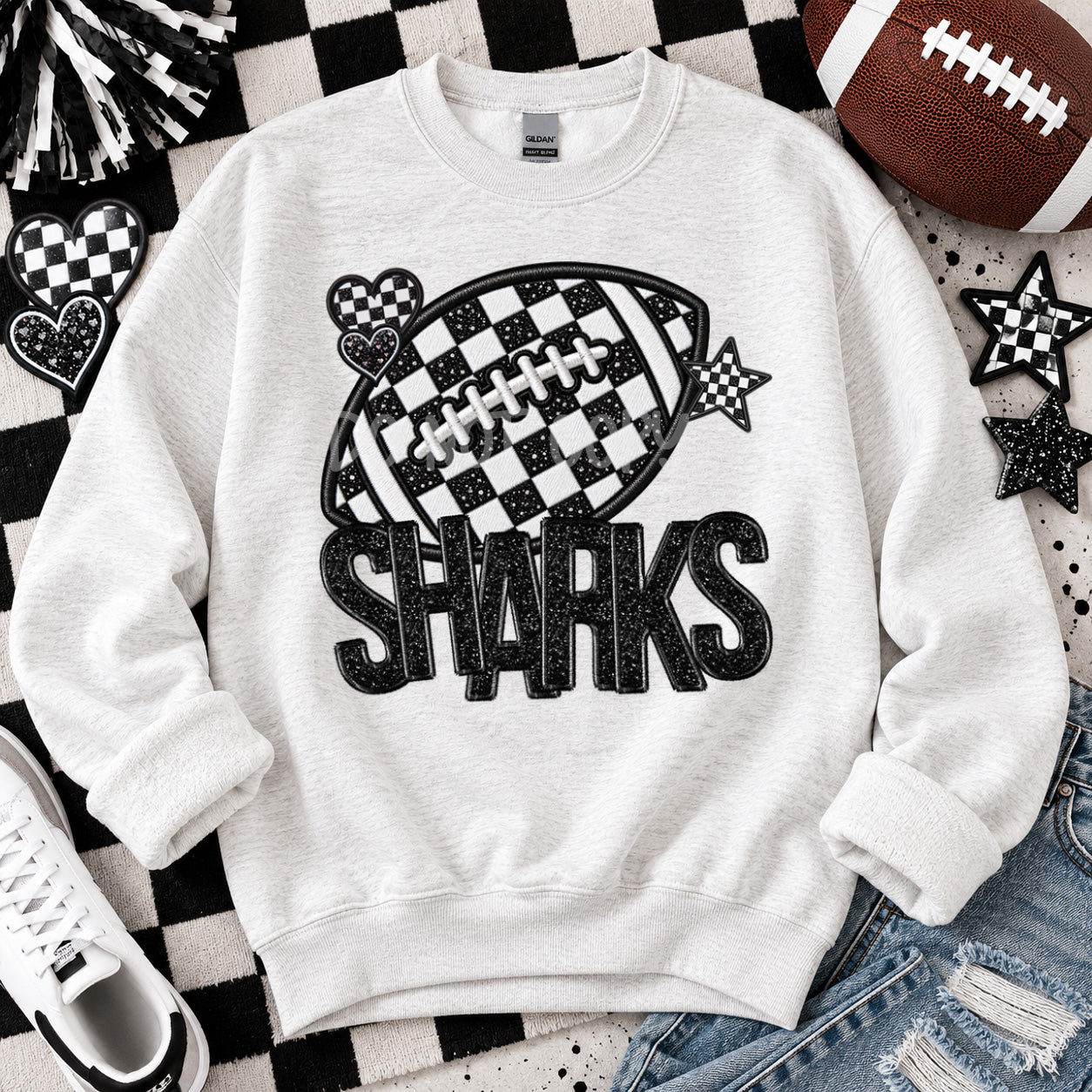 Checkered Football Faux Embroidery Mascots SHARKS design