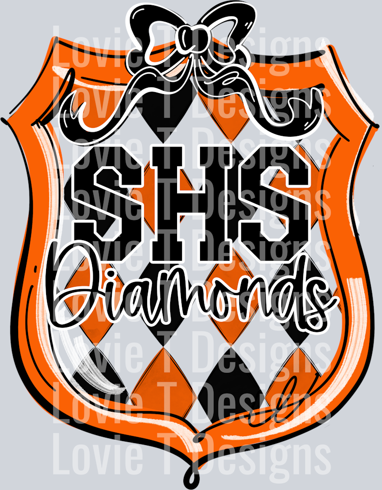SHS DIAMONDS ORANGE CREST BLACK BOW SCHOOL CREST MASCOTS MASTER